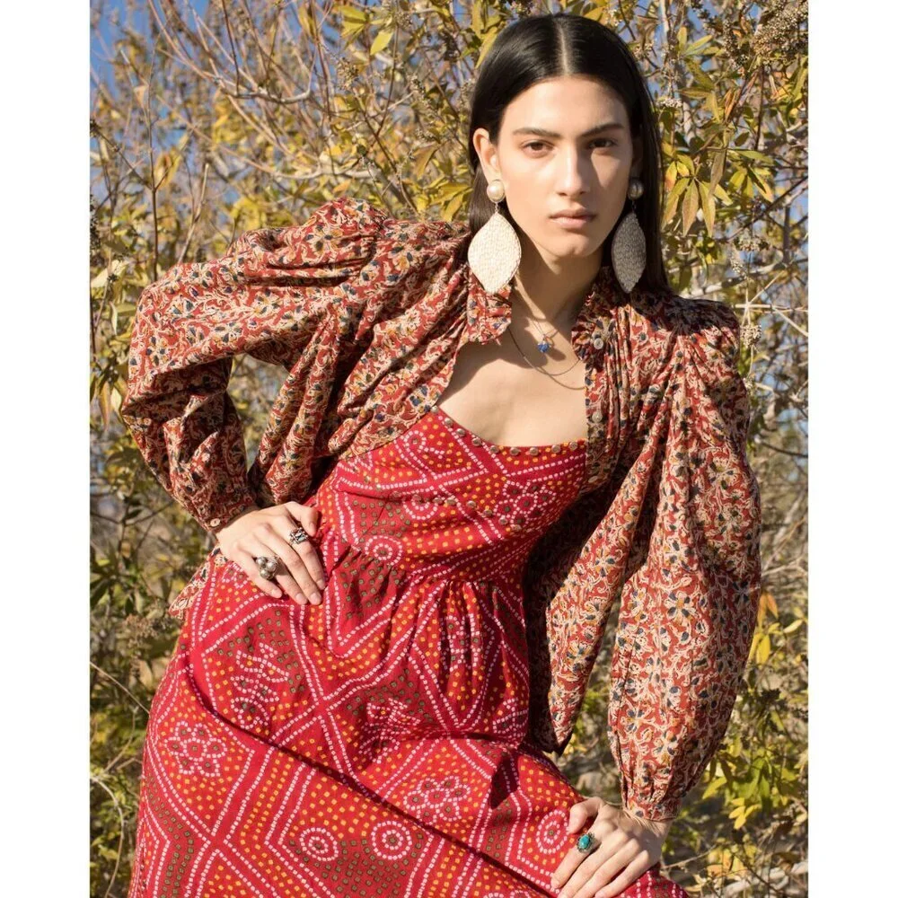 Alix of Bohemia Autumn Scarlett Bandani Dress XL Red Cotton Boho Maxi - Picture 2 of 10